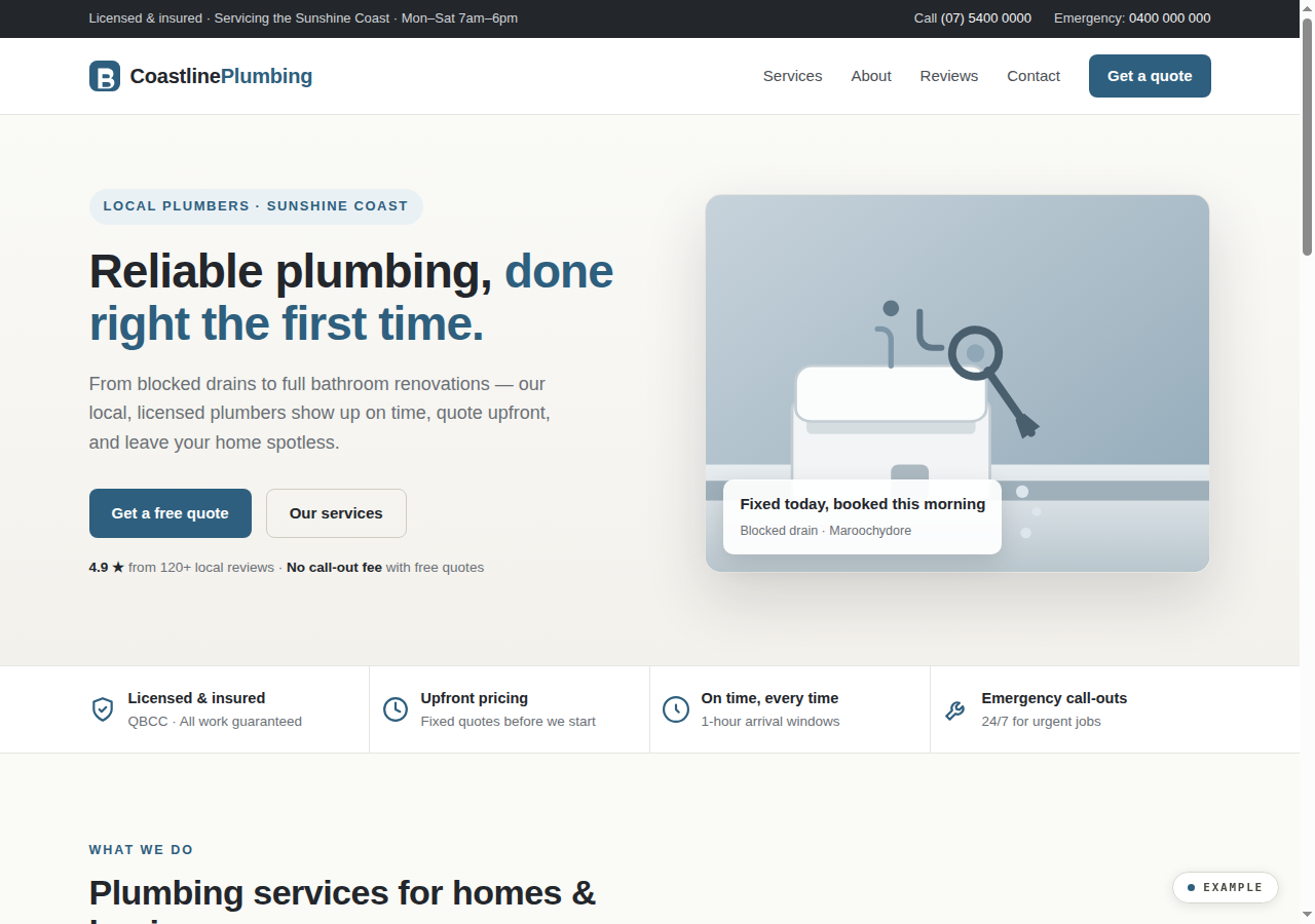 Coastline Plumbing — example website preview