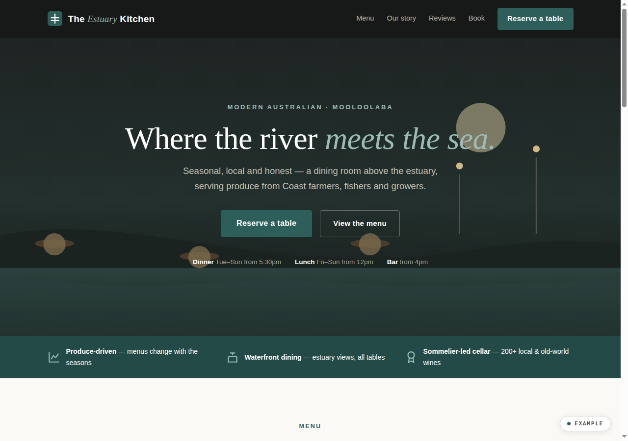 The Estuary Kitchen — example website preview